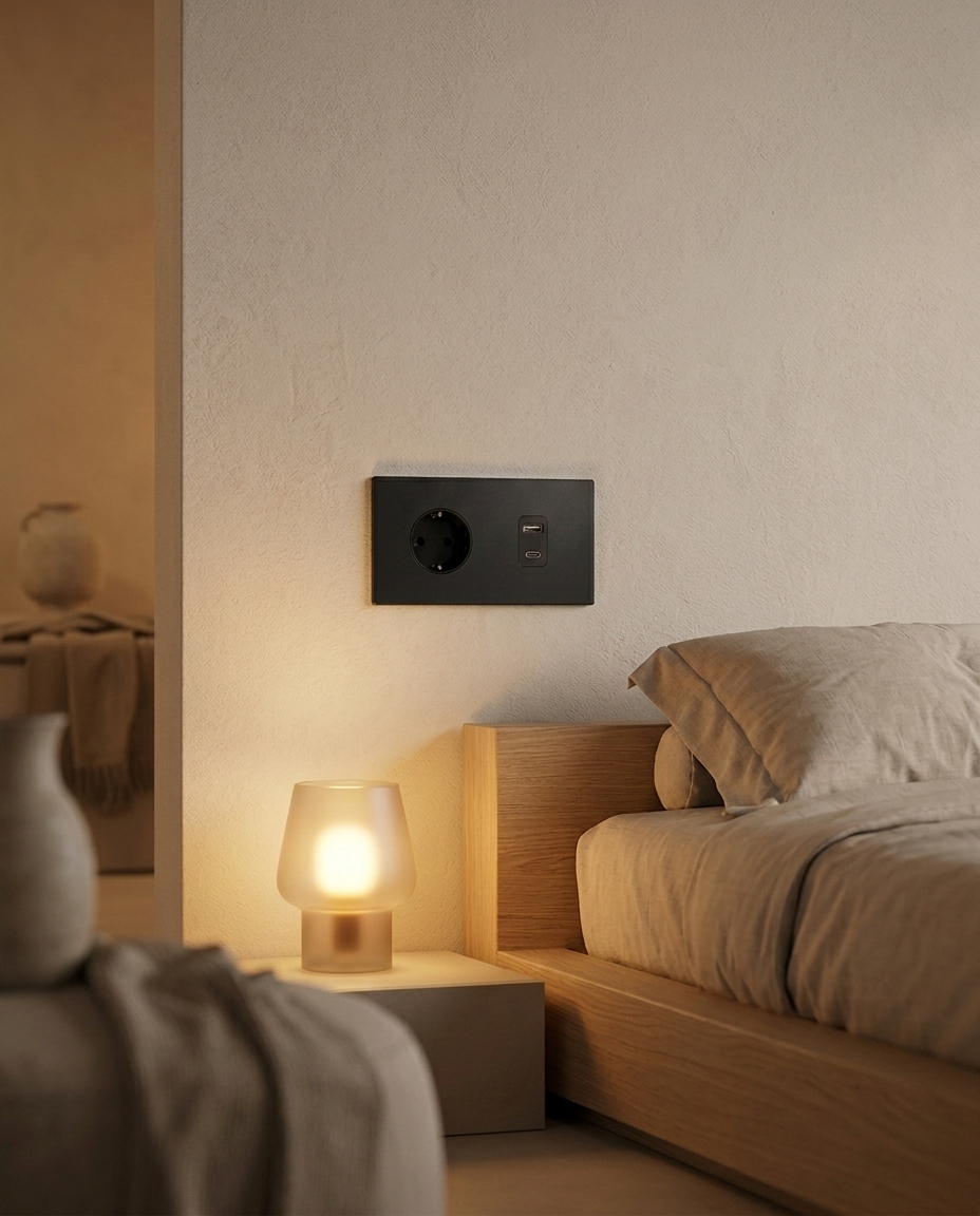 Wandcontactdoos + USB A/C — Zakelijk — Mat Zwart - Mat Zwart — Sfeerbeeld